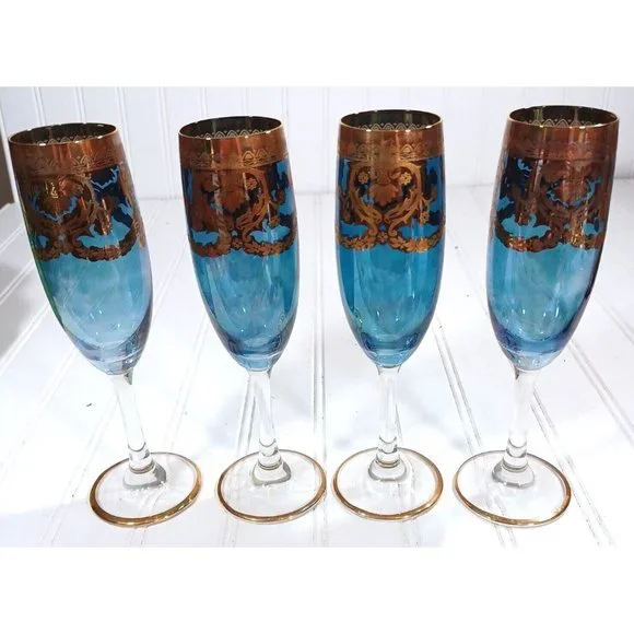 GlassOfVenice Murano Glass Champagne Flutes 24K Gold Leaf - Blue Set 4 Vintage - Picture 6 of 16